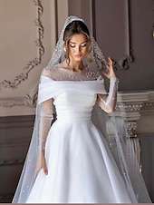 economico Abiti sposa di lusso-Abiti da sposa semplici da spiaggia Abiti da sposa formali A-Line Collo illusionista maniche lunghe lunghezza totale in tulle con perline arricciate 2025