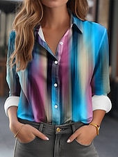 economico Top d&#039;Arte e Design per Donne-Camicia da donna Moda Color Block Bottoni Stampa Maniche Lunghe Top Regolari Collo Camicia Casual Rossa Blu Reale Blu Verde Primavera  Autunno