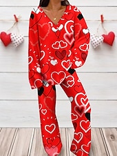 billiga grafiska sovkläder-Valentin Kvinnors Loungewear Set 2 Delar Hjärta Mode Komfort Mjuk Hem Daglig Spandex Andningsbar V-Dra Lång Ärmar T shirt Tee Byxor Sommar Vår Hem Kläder