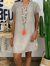 economico disegnare abiti in cotone e lino-Per donna Mini Abito Abiti ispirati al lino Abito Bianco Abito Camicia Vestito Casual Essenziale Streetwear Data Vestibilità regolare Manica Corta Collo a Spacco Bianco Giallo Rosa Arancione Estate