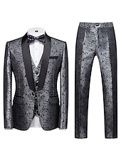 cheap Dinner Party-Men&#039;s Party Tuxedos Sparkle Silver Black Jacquard Tailored Fit 3 Piece Single Breasted One-button