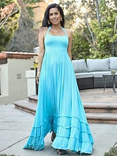 cheap Vacation Dresses-Women&#039;s Resort Maxi Dress Smocked Waist Blue Elegant Halter Neck Cami Maxi Dress Beach Cover Up