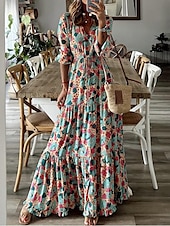 preiswerte Ausgefallene Kleider-Damen kleid lang Paisley-Kleid Casual kleid Boho Chic Kleider Boho-Kleid Böhmen Ethnisch A-Linie Urlaub Strasse Festtage Lockere Passform Paisley-Muster Langarm V Ausschnitt Rosa Blau Grün Sommer