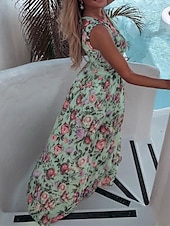 billiga Eleganta blommiga klänningar-Dam Långklänning Maxiklänning Vardagsklänning Swingklänning A linjeklänning Sommarklänning Hawaiisk Maxi Boho Semester Gata Helgdag Normal Blommig Ärmlös V-hals Gul Rodnande Rosa Grön Ljusblå Sommar