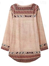 ieftine topuri tunică-Pentru femei Tricou Tunică Marron Galben Verde Deschis Geometric Plisat Imprimeu Manșon Lung Casual Tunici Epocă Έθνικ Rotund Lung Tema boem Geometric ă Mărime Plus S