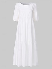 preiswerte Weiße Freizeitkleider-Damen mittellanges Kleid weiß gestuft Bohemian Stil kurze Puffärmel lässig fließend Strand Sommer atmungsaktive Baumwolle Kleidung Bekleidung