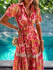 abordables Robes de vacances-robe décontractée pour femme à fleurs à lacets boutonnée col chemise robe midi bohème vacances manches courtes été