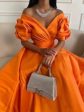 preiswerte ORANGE-A-Linie Abendkleid Elegantes Kleid Formelles Ballkleid Bodenkurz 3/4-lange Ärmel Herzform Satin mit Gerafftem 2025