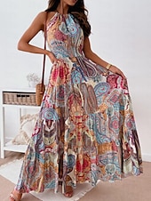 billige Boho-kjoler-Dame Lang kjole Maxikjole Uformell kjole Boho elegante kjoler Boho-kjole Bohem Gatemote A-linje Feriereise Gate Ferie Normal Blomstret Paisly Ermeløs Grimehals Rød Blå Sommer
