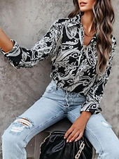 abordables Tops Boho pour Femmes-Chemise Femme Manches Longues Blouse à Boutons Mode Imprimé Paisley Classique Regular Tops Col Chemise Décontracté Noir Printemps  Automne