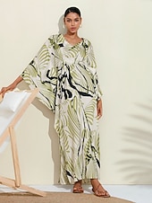 abordables robe décontractée imprimée-Robe longue en satin à fleurs, col en V, robe caftan