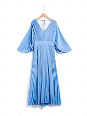 abordables robe décontractée-robe d&#039;invité de mariage pour femme maxi bleu col en v manches dolman plissée en mousseline de soie