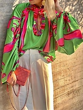 preiswerte Boho Tops-Damenhemd Boho-Hemd Bluse Bauernbluse Boho-Print Langarm normale Oberteile lässig Urlaub grün Sommer Frühling