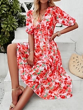 abordables Robes fleuries décontractées-robe décontractée pour femme imprimé floral col en V robe midi ethnique bohème vacances manches courtes été
