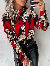 billige Dressy topper-damebluse elegant fargeblokk knapper print raglanermer lange ermer rund hals uformell gul rød blå grønn vår &amp;amp; sommer