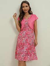 ieftine Rochii set-Pentru femei Set de rochii Rochie casual Rochie pentru invitata de nunta Rochie Tip Maieu Elegant Matur Floral Imprimeu Rochie Mini Manșon scurt În V Zilnic Dată Roz Îmbujorat Vară Primăvară Fit