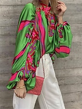 preiswerte Boho Tops-Damenhemd Boho-Hemd Bluse Bauernbluse Boho-Print Langarm normale Oberteile lässig Urlaub grün Sommer Frühling