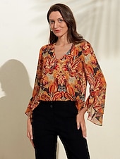 cheap Women&#039;s Graphic Tops-Chiffon Paisley Ruffle Sleeve Blouse