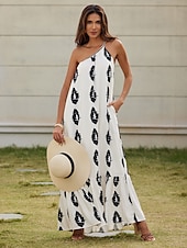 economico abito casual stampato-maxi abito in raso con stampa geometrica
