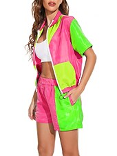 זול תלבושות-שנות ה-80 היפ הופ סגנון רחוב תלבושות ג'קט שורטים דיסקו קולור בלוק תחפושות בגדי ריקוד גברים בגדי ריקוד נשים נשף מסכות מפלגה לבוש ליום יום יומי\קז'ואל מבוגרים מעיל מכנסיים קיץ