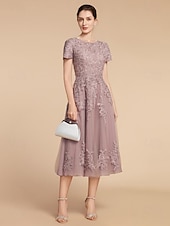 cheap Tea Length-A-Line Mother of the Bride Dress Wedding Guest Elegant Petite Jewel Neck Tea Length Lace Tulle Short Sleeve with Ruching Flower 2025 free custom size