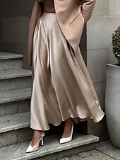 billige Chiffon skjørt-Dame الالتفاف Huske Langt skjørt Elegant Mote Maksi Høy Midje Skjørt Ensfarget Gate Daglig Svart Hvit Kakifarget Sommer Sateng