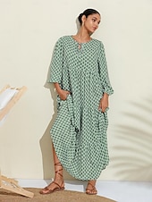 economico abito casual stampato-Per donna Abito linea A Orlo maxi Vestito maxi Verde Manica lunga Geometrico geometrico geometrico Primavera A V Vestito con motivo Stile di moda semplice Da mare S M L