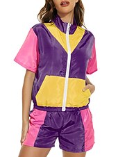 זול תלבושות-שנות ה-80 היפ הופ סגנון רחוב תלבושות ג'קט שורטים דיסקו קולור בלוק תחפושות בגדי ריקוד גברים בגדי ריקוד נשים נשף מסכות מפלגה לבוש ליום יום יומי\קז'ואל מבוגרים מעיל מכנסיים קיץ