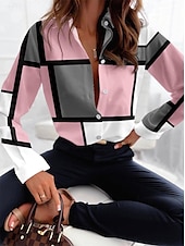 economico Top a Righe e Geometrici per Donne-Camicia Donna Moda Flanella Stampa Bottoni Maniche Lunghe Top Regolari Collo Camicia Casual Rosa Viola Primavera  Autunno