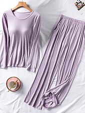 cheap Women&#039;s Loungewear-Women&#039;s Loungewear Sets Pure Color Fashion Street Going out Airport Modal Breathable Crew Neck Long Sleeve T shirt Tee Pant Chest pads Summer Spring Home Outfits