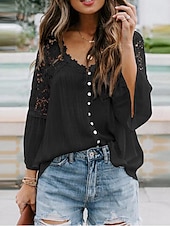 preiswerte Basic-Damenoberteile-Hemd Boho-Shirt Spitzenhemd Bluse Damen Schwarz Weiß Rosa Feste Farbe Spitze Taste Strasse Täglich Modisch V Ausschnitt S