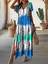 abordables Robes Rayés et Géométriques-robe longue femme col en V imprimé tie-dye bleu vert blanc fente latérale décontractée plage été fluide confortable polyvalent manches courtes tailles disponibles mode