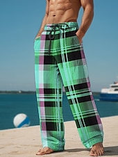 cheap Men&#039;s Printed Casual Pants-Plaid Color Block Men&#039;s Resort 3D Printed Casual Pants Trousers Elastic Waist Drawstring Loose Fit Straight-Leg Summer Beach Pants S TO 3XL