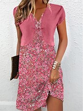 ieftine Rochii set-Pentru femei Set de rochii Rochie casual Rochie pentru invitata de nunta Rochie Tip Maieu Elegant Matur Floral Imprimeu Rochie Mini Manșon scurt În V Zilnic Dată Roz Îmbujorat Vară Primăvară Fit
