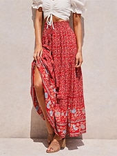 preiswerte Röcke-Damenrock A-Linie Swing Bohemia Maxirock mit hoher Taille Blumendruck Blumen Urlaub Sommer Casual Boho Aprikose Rot