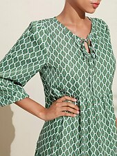 economico abito casual stampato-Per donna Abito linea A Orlo maxi Vestito maxi Verde Manica lunga Geometrico geometrico geometrico Primavera A V Vestito con motivo Stile di moda semplice Da mare S M L
