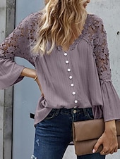 preiswerte Basic-Damenoberteile-Hemd Boho-Shirt Spitzenhemd Bluse Damen Schwarz Weiß Rosa Feste Farbe Spitze Taste Strasse Täglich Modisch V Ausschnitt S