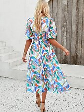 abordables Robes fleuries décontractées-robe décontractée pour femme imprimé floral col en V robe midi ethnique bohème vacances manches courtes été