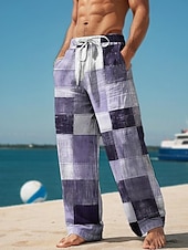 cheap Men&#039;s Printed Casual Pants-Plaid Color Block Men&#039;s Resort 3D Printed Casual Pants Trousers Elastic Waist Drawstring Loose Fit Straight-Leg Summer Beach Pants S TO 3XL
