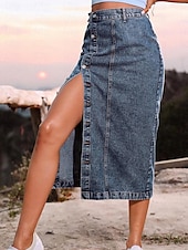 abordables Jupes-Femme Jupe Jupe mi-longue en jean Mode Décontractées Midi Taille haute Jupes Couleur Pleine Pointes fourchues Casual Quotidien Fin de semaine Noir bleu marine Bleu de minuit Eté Jean