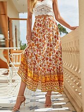 billiga Kjolar-Dam Kjol A-linje Gunga Böhmen Mode Ledigt Boho Maxi Hög midja Kjolar Blommig Snörning Mönster Kluvna toppar Semester Dagligen Gul Rubinrött Grön Sommar Konstsilke