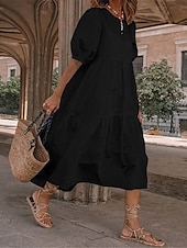 preiswerte Weiße Freizeitkleider-Damen mittellanges Kleid weiß gestuft Bohemian Stil kurze Puffärmel lässig fließend Strand Sommer atmungsaktive Baumwolle Kleidung Bekleidung