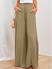 abordables Pantalon en coton et lin-Femmes Jambe large Pantalon en coton et lin Pantalons Mode Longueur complète Trèfle Cordon de serrage Poches Latérales in in france they say Pontalon wide leg Respirabilité Confortable Non Elastique