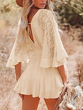 cheap White Lace Dresses-Women&#039;s Mini Dress White Dress Lace Dress Boho Chic Dresses Boho Dress Bohemia A Line Date Regular Fit 3/4 Length Sleeve V Neck Black White Yellow Pink Summer Spring