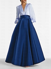 economico viola-Abito da Sera A-Line Elegante Abito per Ospiti di Matrimonio Formale Lunghezza Completa Manica Lunga V Neck Satinato con Pieghe