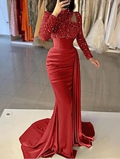 preiswerte BLAU-Meerjungfrau Abendkleid Pailletten Elegantes Kleid Formal Sweep  Brush Zug Lange Ärmel Hoher Hals Satin mit Perlen Maskeradenkleid 2025
