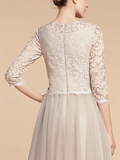 cheap Mother of the Bride-A-Line Mother of the Bride Dress Wedding Guest Elegant Petite Crew Neck Knee Length Lace Tulle Half Sleeve with Pleats Solid Color 2025