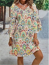 ieftine Rochii boho-Pentru femei Rochie Mini Rochie casual Rochie de primăvară Șic Stradă Mânecă cu volan Vacanță Stradă Dată Potrivire Largă Floral Lungime Manșon 3/4 În V Galben Vară Primăvară