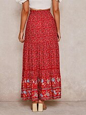 preiswerte Röcke-Damenrock A-Linie Swing Bohemia Maxirock mit hoher Taille Blumendruck Blumen Urlaub Sommer Casual Boho Aprikose Rot
