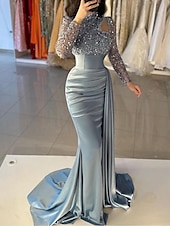 preiswerte BLAU-Meerjungfrau Abendkleid Pailletten Elegantes Kleid Formal Sweep  Brush Zug Lange Ärmel Hoher Hals Satin mit Perlen Maskeradenkleid 2025